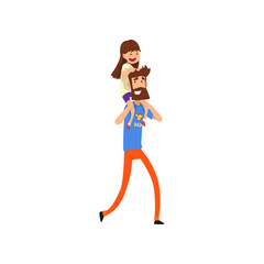 Super hero dad character carrying daughter on his shoulders vector Illustration on a white background