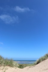 Dunes, sea and blue sky at seaside in summer with copy space