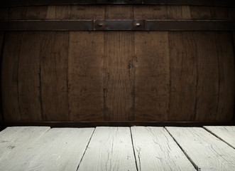 background of barrel and worn old table of wood
