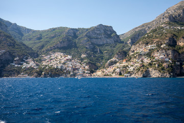 Naklejka na ściany i meble Positano seen from the sea on Amalfi Coast in the region Campania, Italy