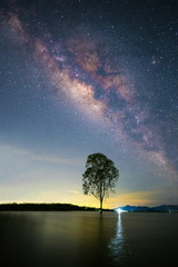 Obraz na płótnie Canvas the beautiful milky way above a tree standing in the water. the beautiful stars in Thailand.
