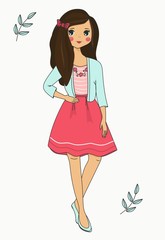 cute girl long brown hair full-length poses standing  smile dress illustration vector