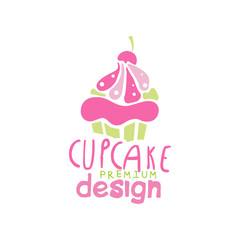 Cupcake logo design, emblem in pink colors for confectionery, candy shop or sweet store vector Illustration on a white background