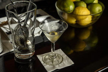 martini glass and mixer on a bar.