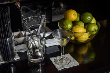 martini glass and mixer on a bar.