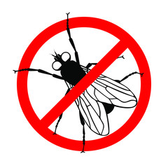 Warning sign stop the flies. Prohibition sign insect pest. Symbol for informational and institutional sanitation and related care. Vector illustration