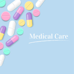 Medical care with colorful pills vector background