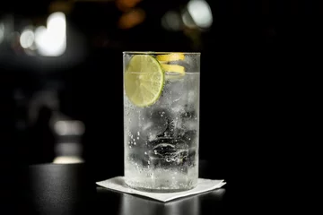 Fotobehang Close up of glass of a freshly prepared gin and tonic with lime slices and twist of lemon, isolated. © ahau1969