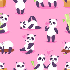 Panda vector bearcat or chinese bear with bamboo in love playing or sleeping illustration set of giant panda reading book or eating icecream isolated on background