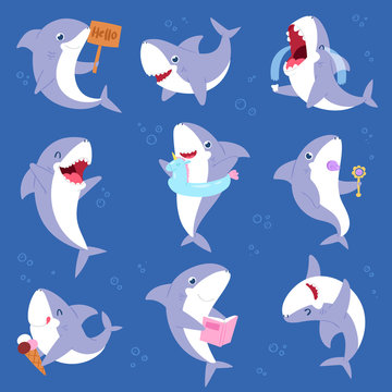 Shark Vector Cartoon Seafish Smiling With Sharp Teeth Illustration Set Of Fishery Character Illustration Kids Set Of Playing Or Crying Baby Fish Isolated On Marine Background