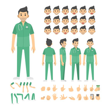 nurse man character set. Full length. Different view, emotion, gesture.
