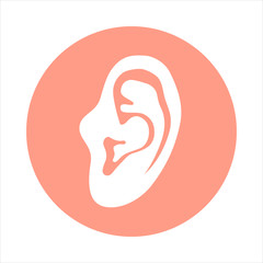 Human ear sign. Icon ear in rose circle isolated on white background. Part of body symbol stock vector illustration. 