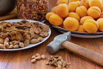 fresh apricots, hammer and apricot pits