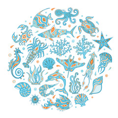 Animals marine depths vector. A hand-drawn set of underwater inhabitants. Set of doodle icons on the sea theme. Life of the ocean.