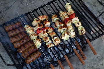 Grill with chicken and vegetables, plus hamburger in the middle of nature on the Danube Islands