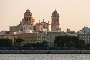 View of the city of Cadiz (Andalucia, Spain), especially its Cathedral, with a fantastic sunset...