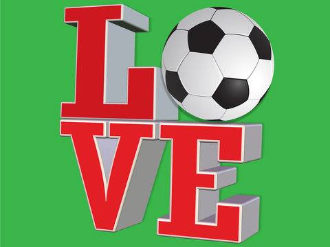 3D render Word LOVE with football  soccer ball