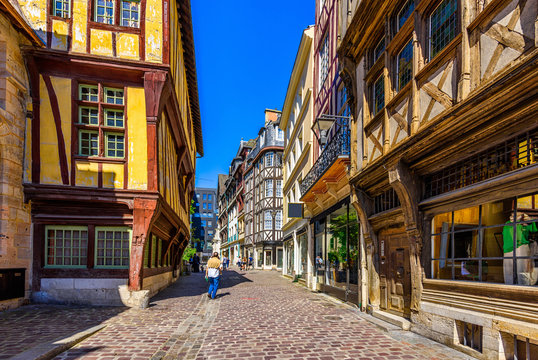 Cozy street with timber framing houses in Rouen, Normandy, France