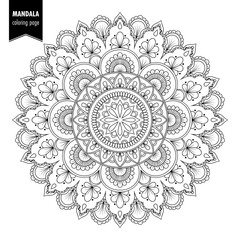 Monochrome ethnic mandala design. Anti-stress coloring page for adults. Hand drawn vector illustration