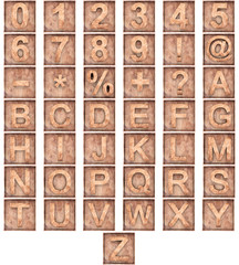 Set of 3D wooden English alphabet letters and Numbers from zero to nine isolated on white background