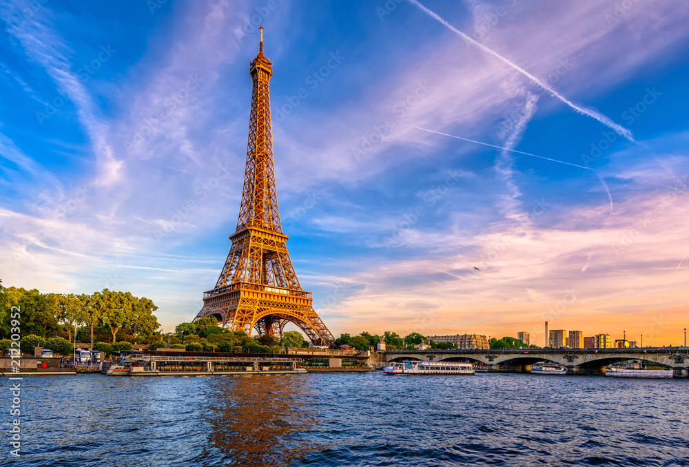 Canvas Prints paris eiffel tower and river seine at sunset in paris, france. eiffel tower is one of the most iconi
