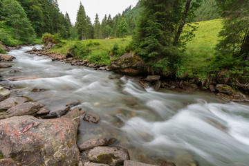Kleiner Bach in idylischer Wiesen und Waldlandschaft
