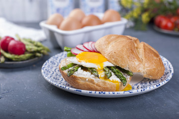 Toast with egg and asparagus for breakfast. A closed sandwich. Healthy food. Copy space,