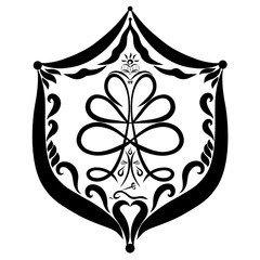 Shield with a tree of life, a cross, a bird, a book, a sword and a serpent