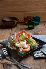 Close up of  Thai Local food, Spicy Green Eggplant Salad with Prawns