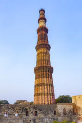 Fototapeta na wymiar Qutb Minar, Delhi, the worlds tallest brick built minaret at 72m, built between 1193 and 1386