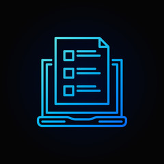 Laptop with survey vector blue line icon or symbol