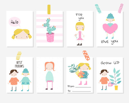 Set of cute cards with girls and plants for kids party, baby shower or birthday. Vector hand drawn illustration.