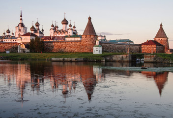 Fototapeta premium SOLOVKI, REPUBLIC OF KARELIA, RUSSIA - August, 2017: Evening view on Solovetsky monastery from the White sea