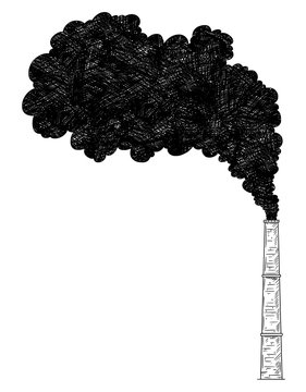 Vector artistic pen and ink drawing illustration of smoke coming from industry or factory smokestack or chimney into air. Environmental concept of pollution.