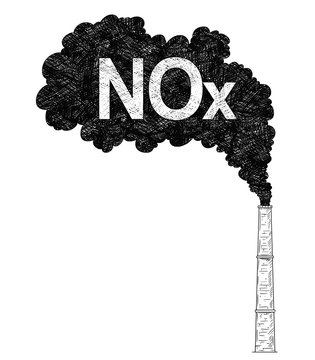 Vector artistic pen and ink drawing illustration of smoke coming from industry or factory smokestack or chimney into air. Environmental concept of nitrogen oxides or NOx pollution.