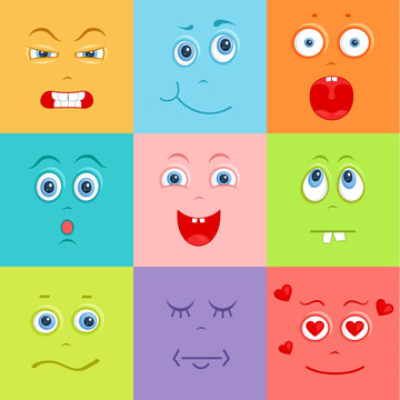 Background with funny faces. Vector illustration. Cute characters with different emotions.