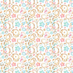 Seamless watercolor pattern with baby themed illustrations of traditional retro style teething ring, wooden bird, fish, heart, beads, bells, red and blue polka dot stars