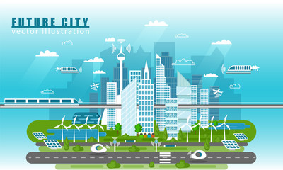 Smart city landscape of the future vector concept illustration in flat style. City urban skyline with modern technologies and self-driving cars. Future infrastructure and transportation. © skypicsstudio