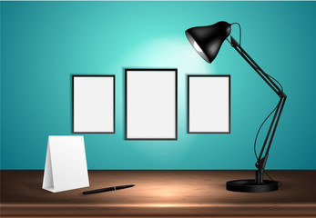 3d desk lamp on wooden table lights up empty posters on a wall. Vector illustration. Copy space for text template.