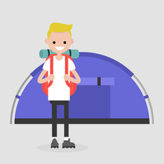 Young tourist standing near by the tent. Backpacker. Travel. Flat editable vector illustration, clip art