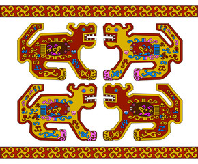 Jaguar. Ethnic patterns of Native Americans: the Aztec, Inca, Maya, Alaska Indians (Mexico, Ecuador, Peru). Drawing in the Mexican style. Vector illustration.