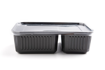 Black plastic container for dairy foods. Isolated on a white.