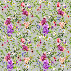 Meadow flowers, wild grass. Repeating floral pattern.
