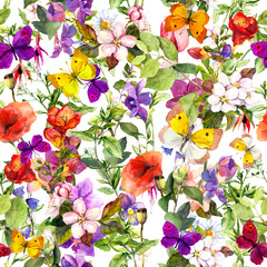 Flowers, butterflies. Repeated floral pattern for fashion design. Watercolor