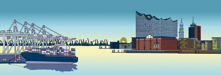 Hamburger Hafen mit Elbphilharmonie,  Terminalhafen mit Containerschiff, Michel und Hanseatic Trade Center, cartoon-IT