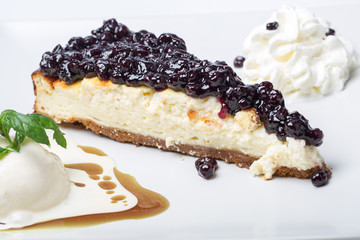 close up of delicious cheese cake with forest fruits