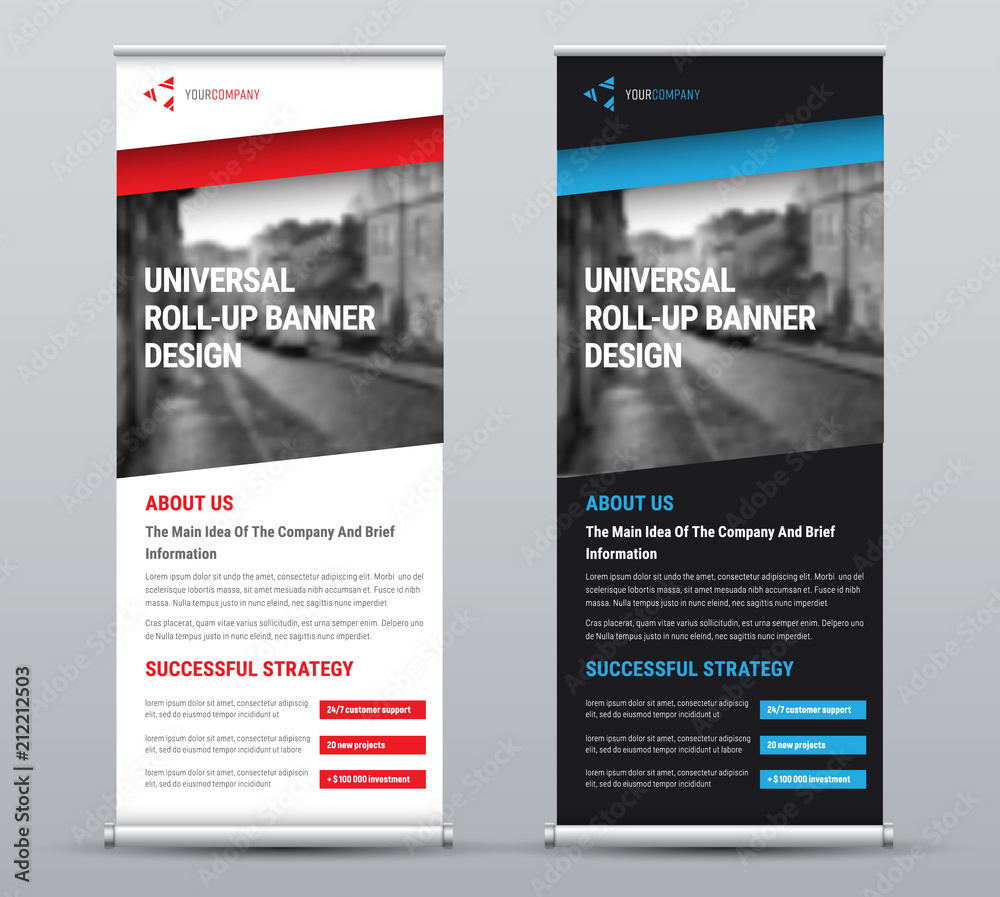 Poster Design of a vector roll-up banner with diagonal colored elements and a place for photos