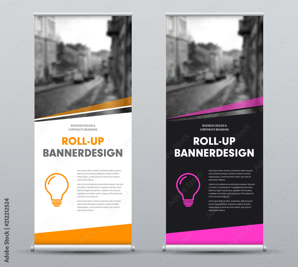 Poster vector black and white roll-up banner with place for photo and diagonal lines.