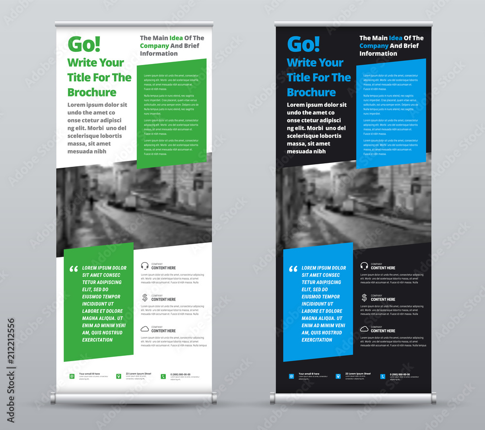 Poster Vector black and white roll-up banner with place for photo and blocks for text and information