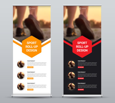 Vector black and white roll-up banner with place for photo and colored hexagons.
